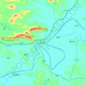 北江乡 topographic map, elevation, terrain