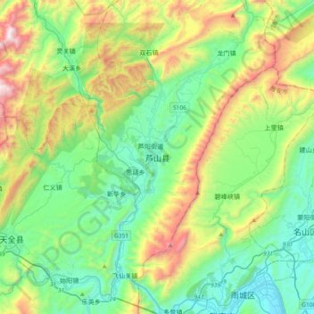 芦山县 topographic map, elevation, terrain