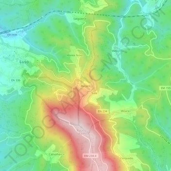 Buçaco topographic map, elevation, terrain