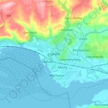 Llanelli topographic map, elevation, terrain