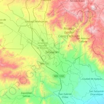 Tehuacán topographic map, elevation, terrain