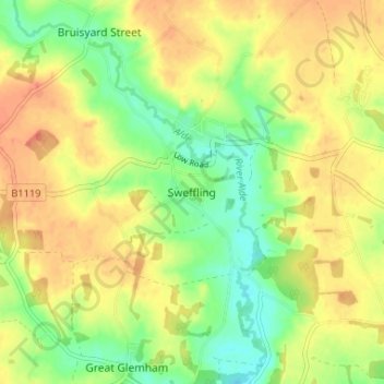 Sweffling topographic map, elevation, terrain