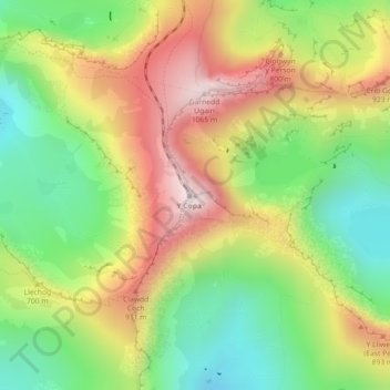 Snowdon topographic map, elevation, terrain