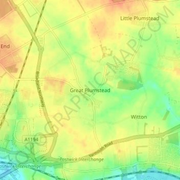 Great Plumstead topographic map, elevation, terrain