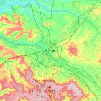 Reims topographic map, elevation, terrain
