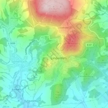 Lindenfels topographic map, elevation, terrain