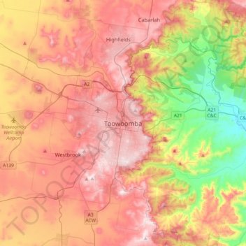 Toowoomba topographic map, elevation, terrain