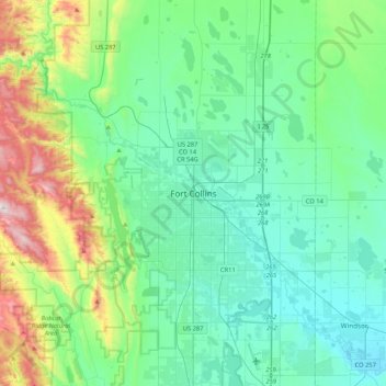Fort Collins topographic map, elevation, terrain