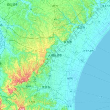 Oamishirasato topographic map, elevation, terrain