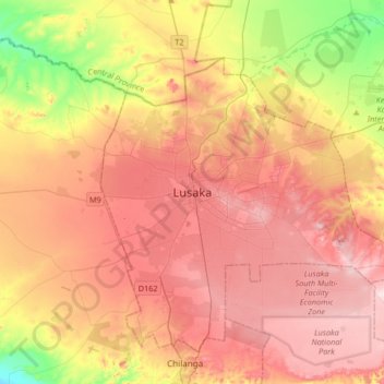 Lusaka topographic map, elevation, terrain