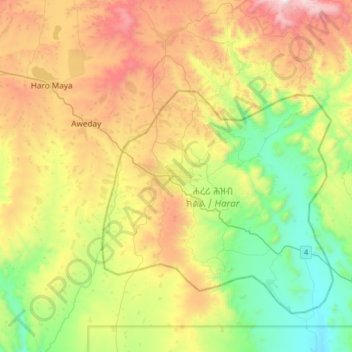 Harar topographic map, elevation, terrain