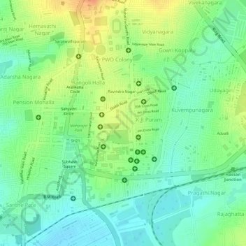 KR Puram local Park topographic map, elevation, terrain