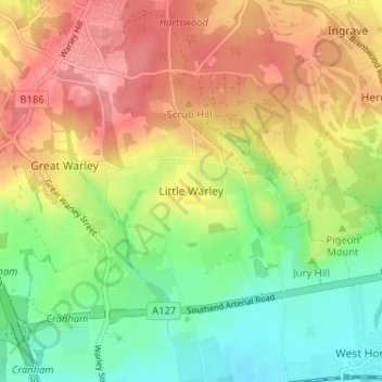 Little Warley topographic map, elevation, terrain