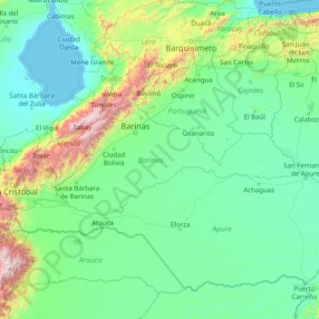 Barinas topographic map, elevation, terrain