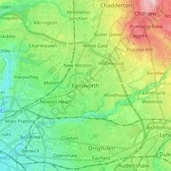 Failsworth topographic map, elevation, terrain