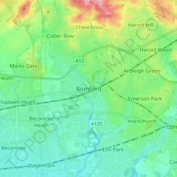 Romford topographic map, elevation, terrain