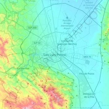 San Luis Potosí topographic map, elevation, terrain