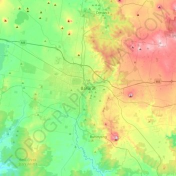 Ballarat topographic map, elevation, terrain