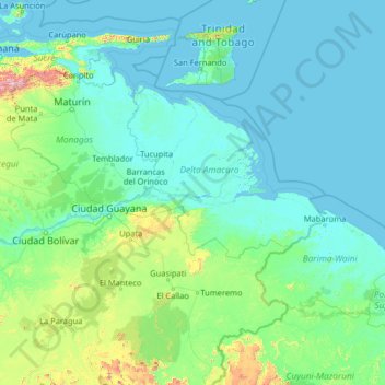 Delta Amacuro State topographic map, elevation, terrain