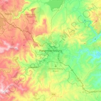 Pietermaritzburg topographic map, elevation, terrain