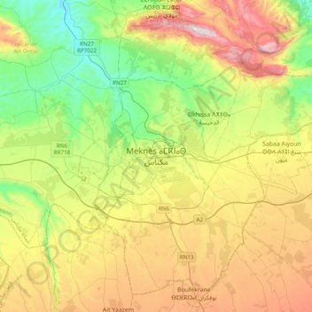 Meknès topographic map, elevation, terrain