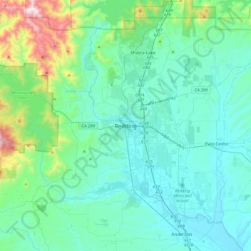 Redding topographic map, elevation, terrain