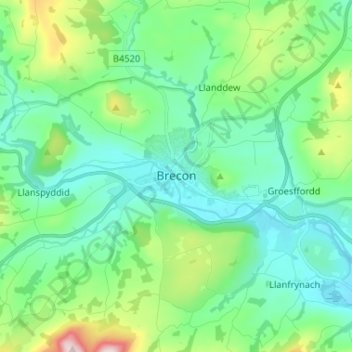 Brecon topographic map, elevation, terrain