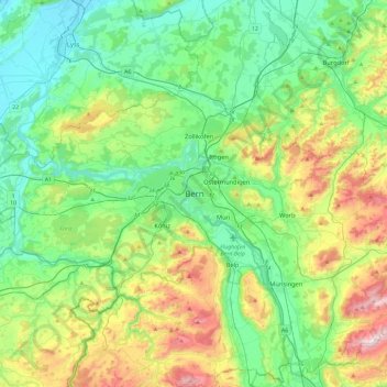 Bern topographic map, elevation, terrain