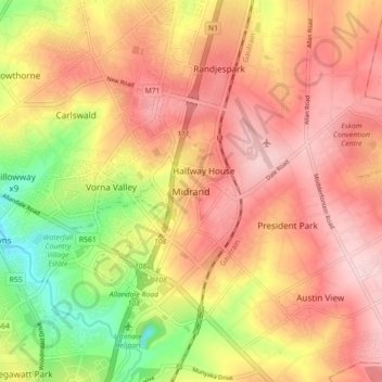 Midrand topographic map, elevation, terrain