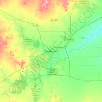 San Angelo topographic map, elevation, terrain