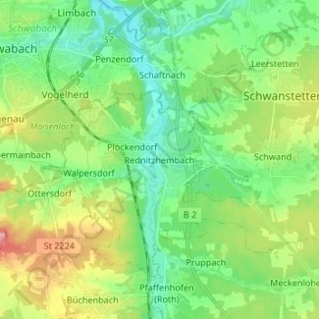 Rednitzhembach topographic map, elevation, terrain