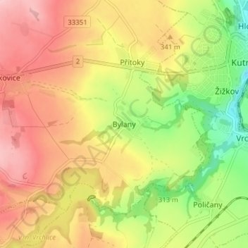Bylany topographic map, elevation, terrain