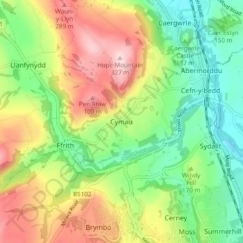 Cymau topographic map, elevation, terrain