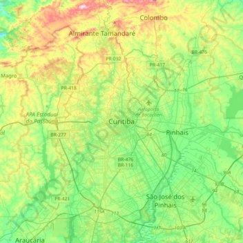 Curitiba topographic map, elevation, terrain