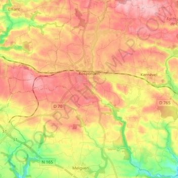Rosporden topographic map, elevation, terrain