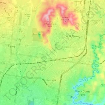 Mill Park District topographic map, elevation, terrain