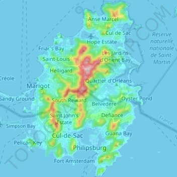 Île de Saint-Martin - Sint Maarten eiland topographic map, elevation, terrain