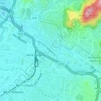 Ampang River topographic map, elevation, terrain