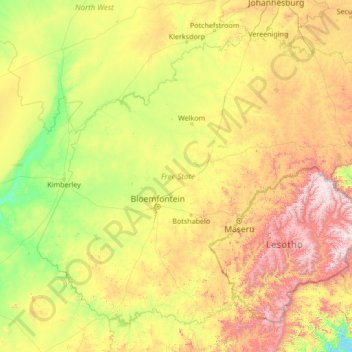 Free State topographic map, elevation, terrain