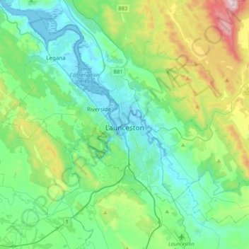 Launceston topographic map, elevation, terrain