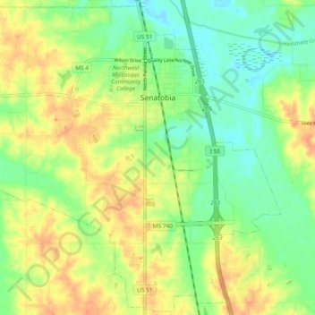 Senatobia topographic map, elevation, terrain