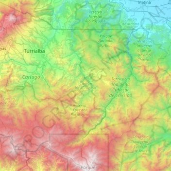 Cantón Turrialba topographic map, elevation, terrain