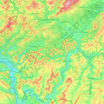 Arrondissement de Sarre-Palatinat topographic map, elevation, terrain