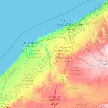 Casablanca-Settat topographic map, elevation, terrain