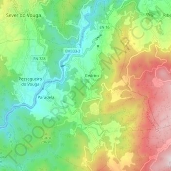 Cedrim e Paradela topographic map, elevation, terrain