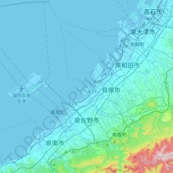 Izumisano topographic map, elevation, terrain