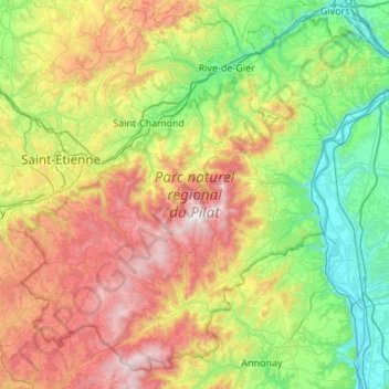 Parc naturel régional du Pilat topographic map, elevation, terrain