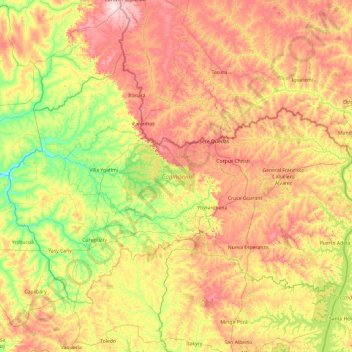 Canindeyú topographic map, elevation, terrain