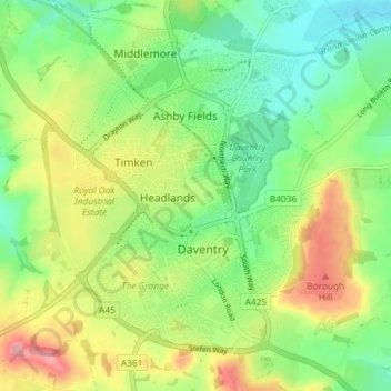 Daventry topographic map, elevation, terrain