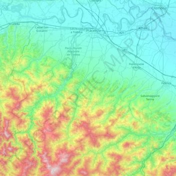 Piacenza topographic map, elevation, terrain